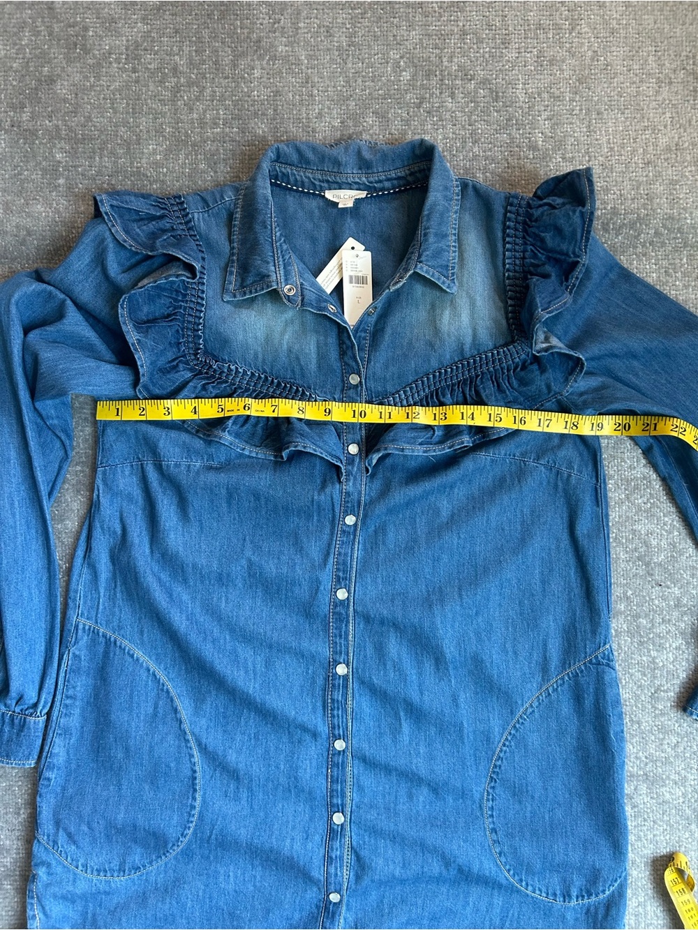 NWT Anthropologie Pilcro Size Large Blue Ruffle Denim Mini Shirt Dress - Picture 15 of 16